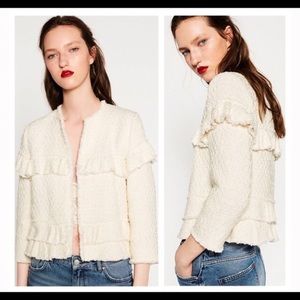 Zara White Ruffle Tweed Jacket